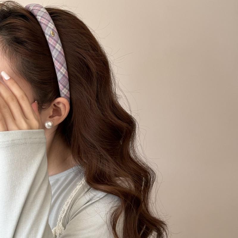 College Checkered Hairband, Sweet Oval-shaped Handmade, Girlie Feel, Soft Sponge, High Crown Headband