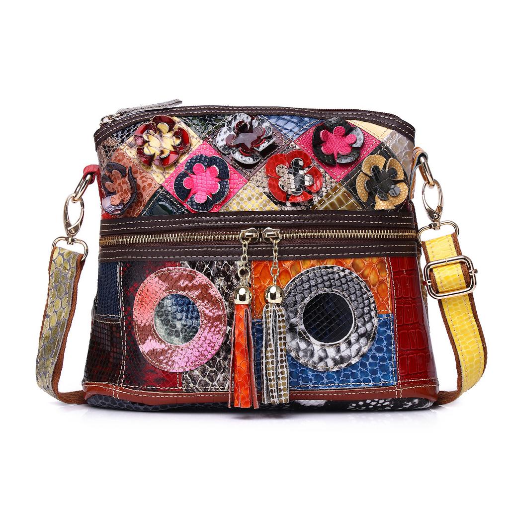 Leather Snake Color Handmade Casual Daily Personalized Tassel Flower Shoulder Crossbody Women'S Bag