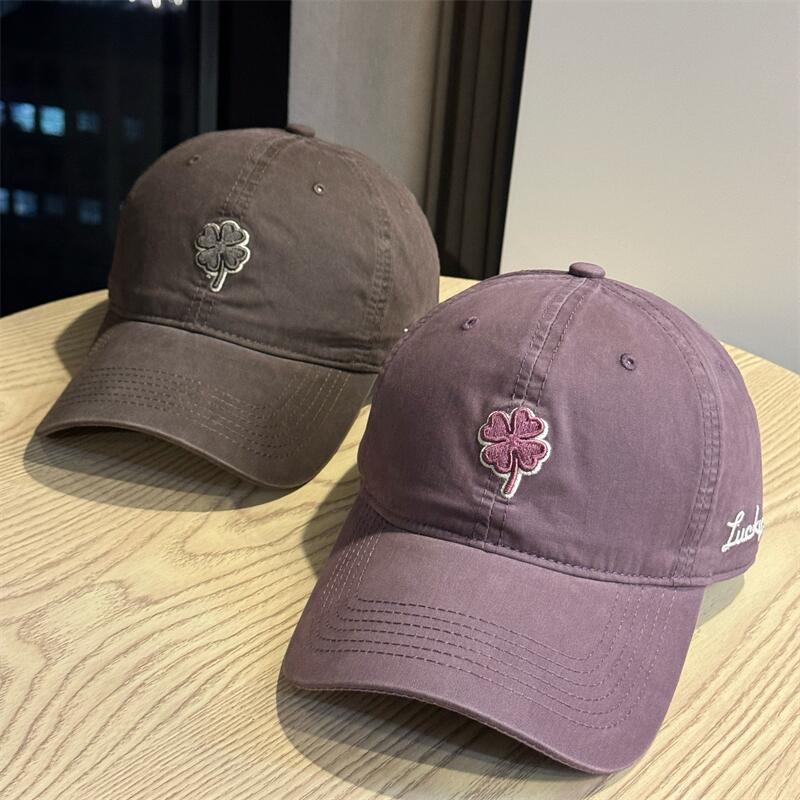 Outdoor simple four-leaf clover embroidered baseball cap women's wide brim, large head circumference, small face, enlarged and deepened peaked cap