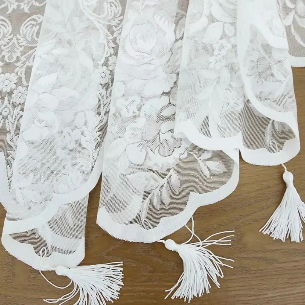 Fashion White Lace Short Curtain Tassel Small Fresh Tulle Window Half Curtains Cabinet Drapes for Home Deco