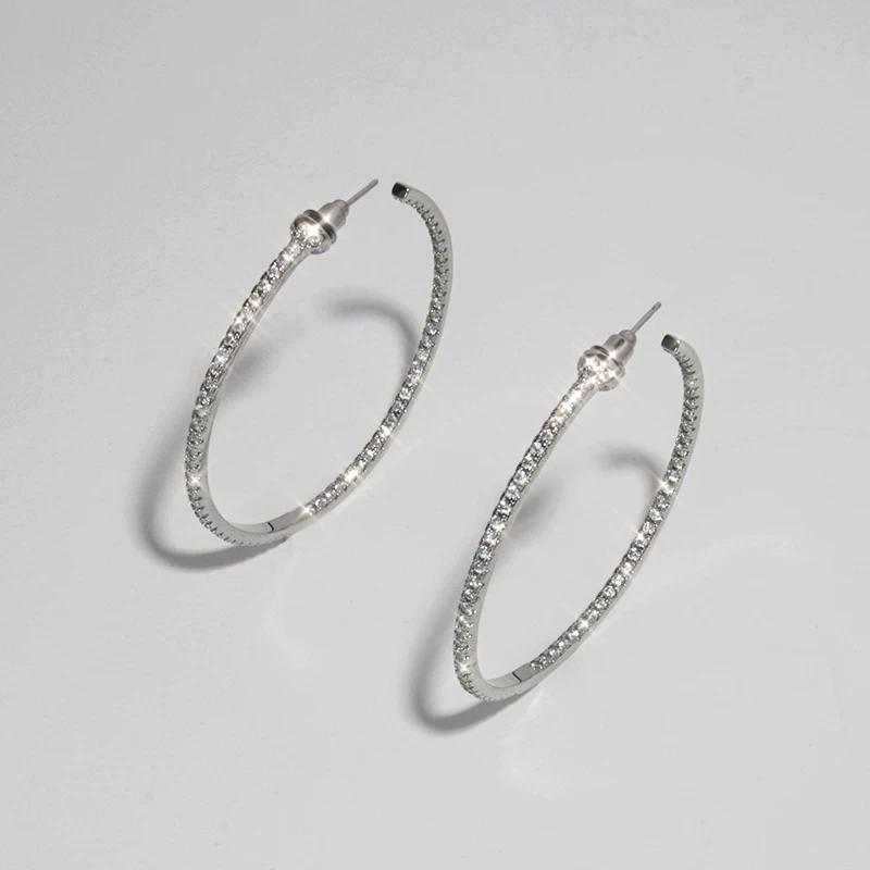 

[Cnhnon Fat Store] European and American Style Versatile Simple Shiny Zircon Diamond-Studded Thin Large Hoop Earrings серебряный