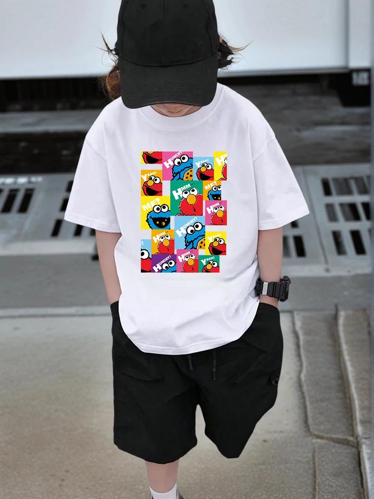 Cute Sesame Street Cartoon Short Sleeve Tee For Children Summer Casual Crewneck Top Boys Girls Age 3-14