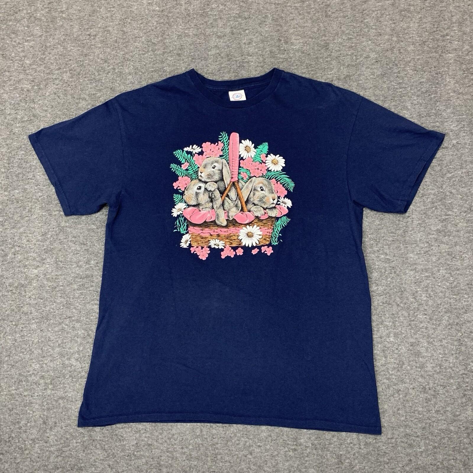 Vintage Bunnies Rabbit Flower Basket Nature Navy Blue Tee Grandmacore Size Large L