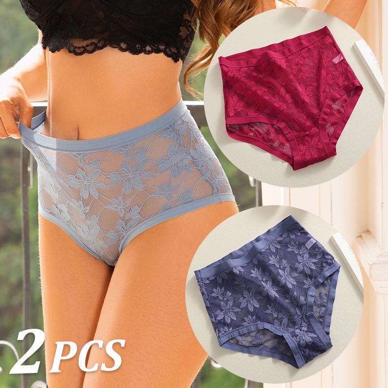 FINETOO 2Pcs Sexy Floral Lace Panties High Waist Lace Briefs Hollow Out See-Through Romantic Lingerie Fashionable Underpants Underwear