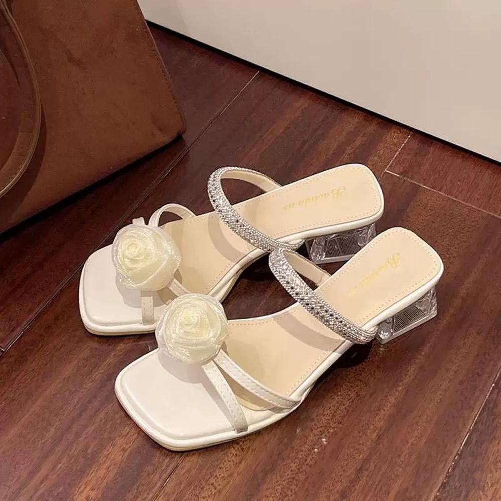 

Summer Floral Crystal Rhinestone Square Head Sandals Women s Outdoor Wear PU Material Korean Sle Anti-Slip mid Heel Slippers 35 срібний