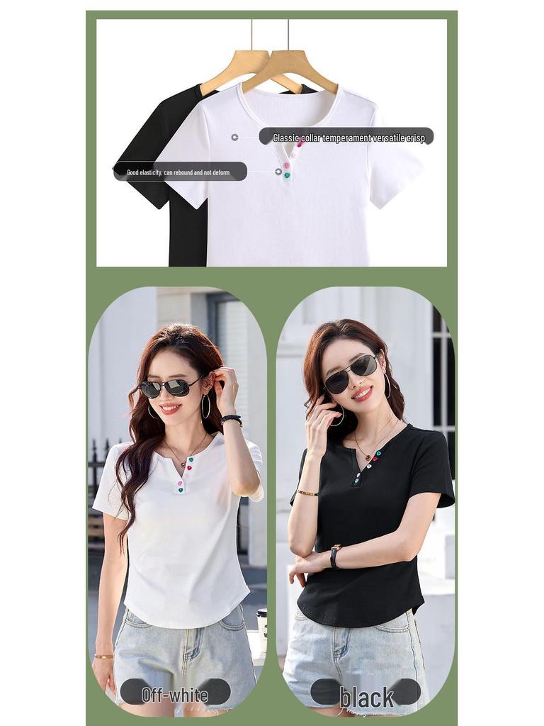 2025 Women's Korean Style V-neck Short Sleeve T-shirt - Fashion Slim Fit with Colorful Buttons, Perfect for Mixing and Matching.