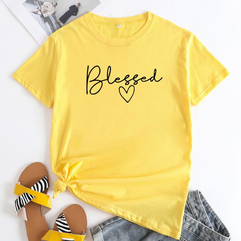 Summer Round Neck Letter Blessed Printed Top Fashionable Casual Short Sleeved Women's Pure Cotton T-shirts