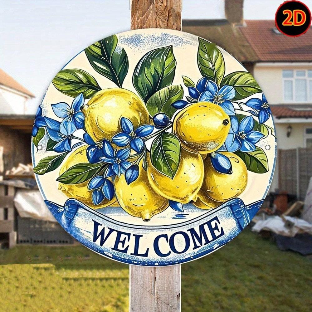 Vintage Lemon Floral Welcome Sign Rustic Aluminum Metal Wall Decor Indoor Outdoor