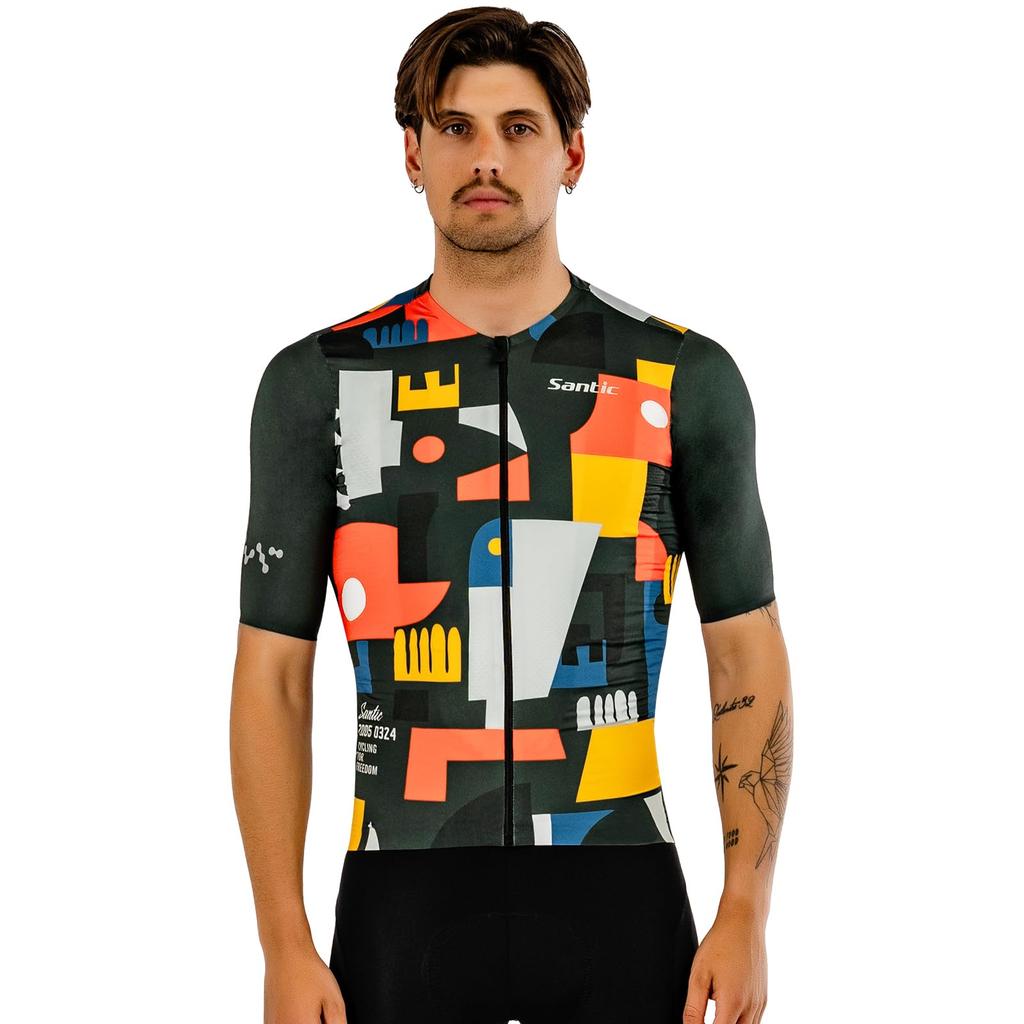 Santic Men's Short Sleeve Cycling Jersey, Summer Cycling Wear, Lightweight, Pocket-Length, Moisture-Wicking, Quick-Drying, Green, Size L