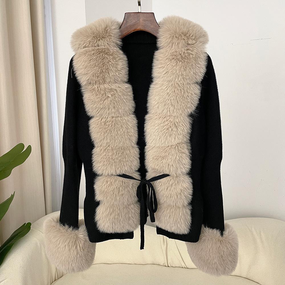 Autumn Winter Women's Fur Coat Patchwork Knitted Sweater Bandage Fur Cardigan Detachable Collar Jacket Faux Fur Coat