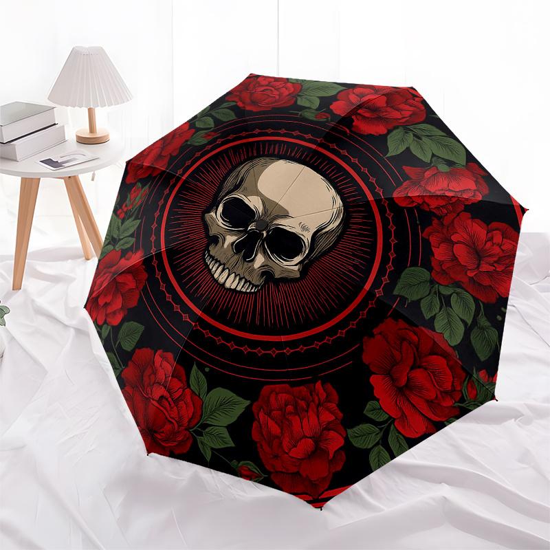 Day of the Dead Skull & Roses Circular Wall ArtUmbrella, Portable 3-Fold Umbrella for Men & Women,Christmas Gift ES254