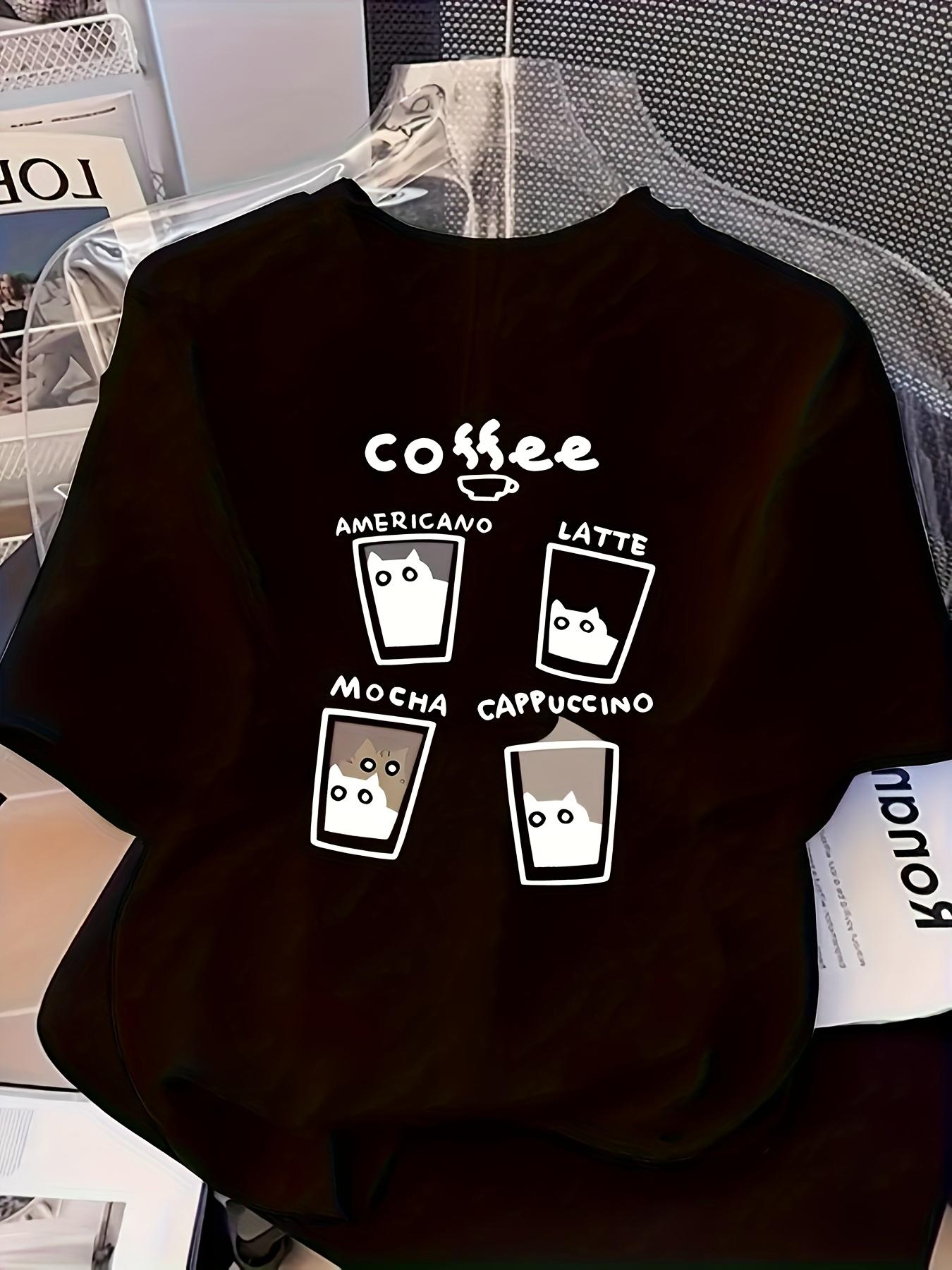 

Cute Coffee Cat Pattern T-shirt Women Men Casual Loose Short Sleeved Tops Korean Style Unisex T Shirts Summer Street Men s Tees 4XL