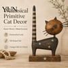 Artistic Retro Room Ornament Rustic Wooden Cat with Spring Shaking Head for Farmhouse Tabletop Cute Figurine Shelf Decor, Handcrafted Folk Art Animal