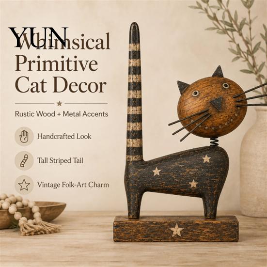 Artistic Retro Room Ornament Rustic Wooden Cat with Spring Shaking Head for Farmhouse Tabletop Cute Figurine Shelf Decor, Handcrafted Folk Art Animal