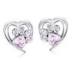 Silver Heart Earrings with Pink Paws, 925 Silver Studs