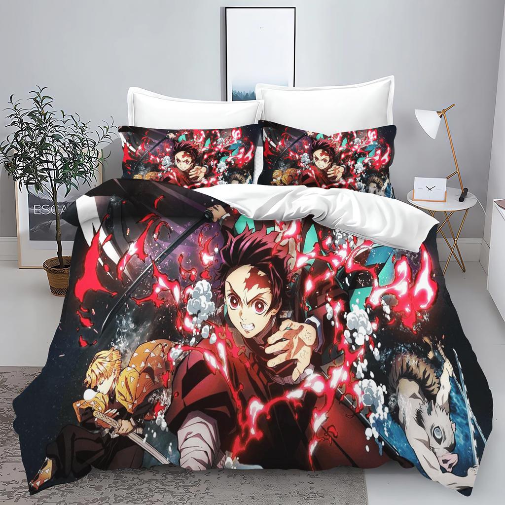 Demon slakter: Kimetsu no Yaiba kamado Nezuko Anime 100% Polyester Sengetøy Sett Dynetrekk Sett Trykt Tegneserie Hjemmeinnredning