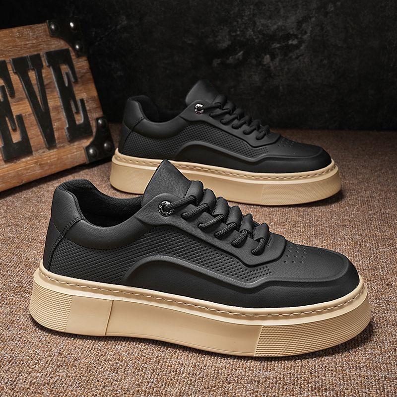 Cheap Mens White Leather Casual Shoes Thick Bottom Youth Elevated Board Shoes Fashion Trendy Man Platform Leisure Sneakers Tenis