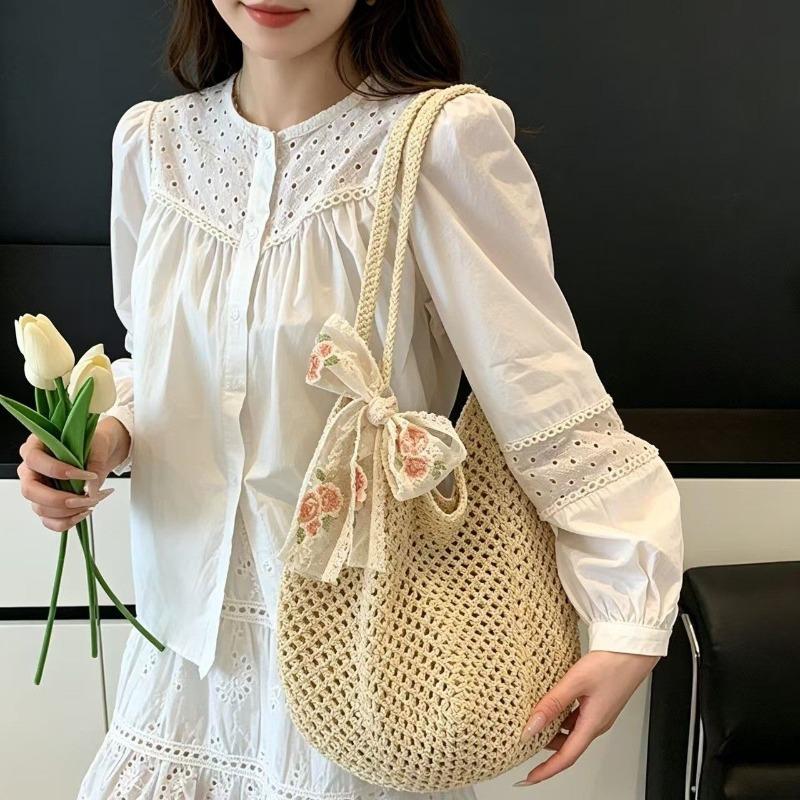 Summer small fresh tote woven bag new hollow portable women's bag lazy wind shoulder bag vacation beach bag