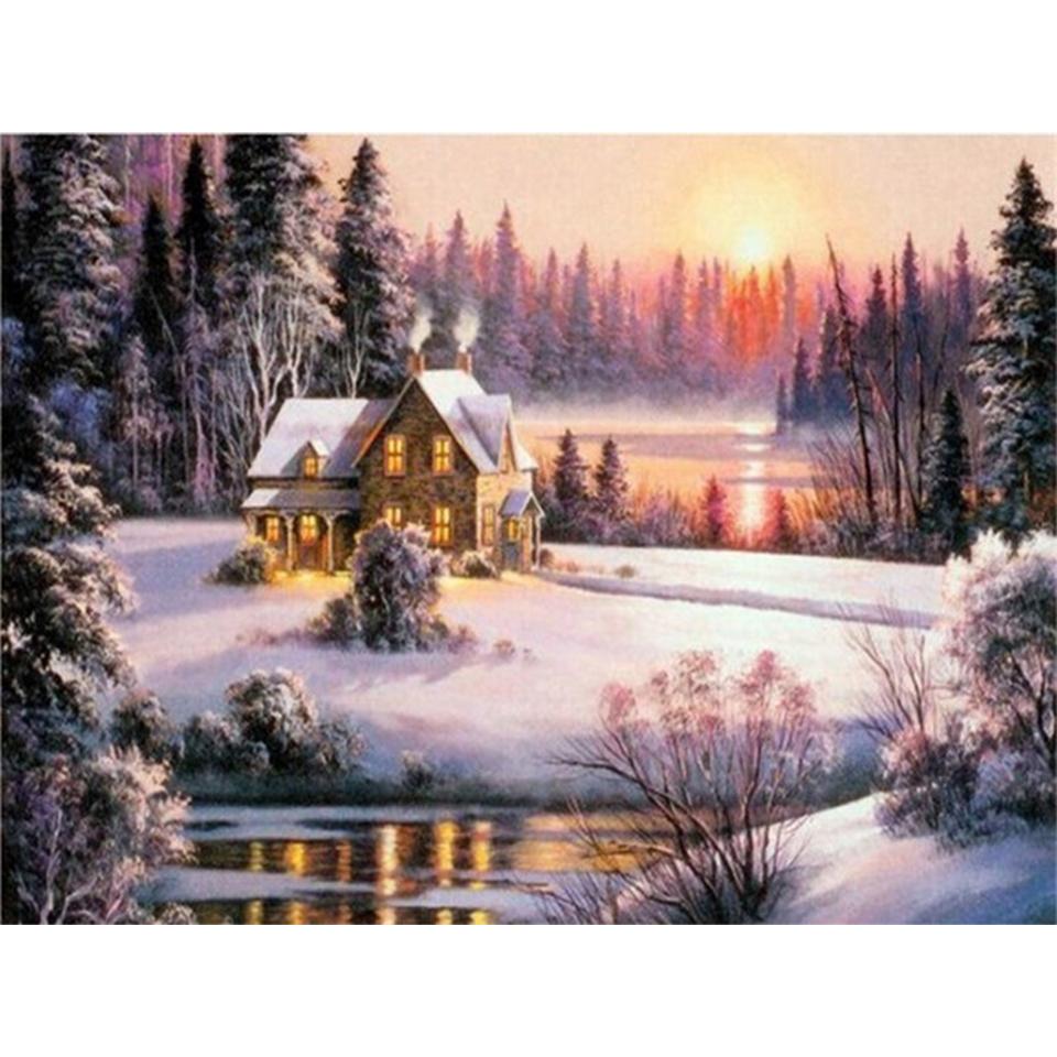 5D DIY Diamond Painting Landscape Winter House Full Round Rhinestone Embroidery Cross Stitch Kit Mosaic Picture Decoration Gift