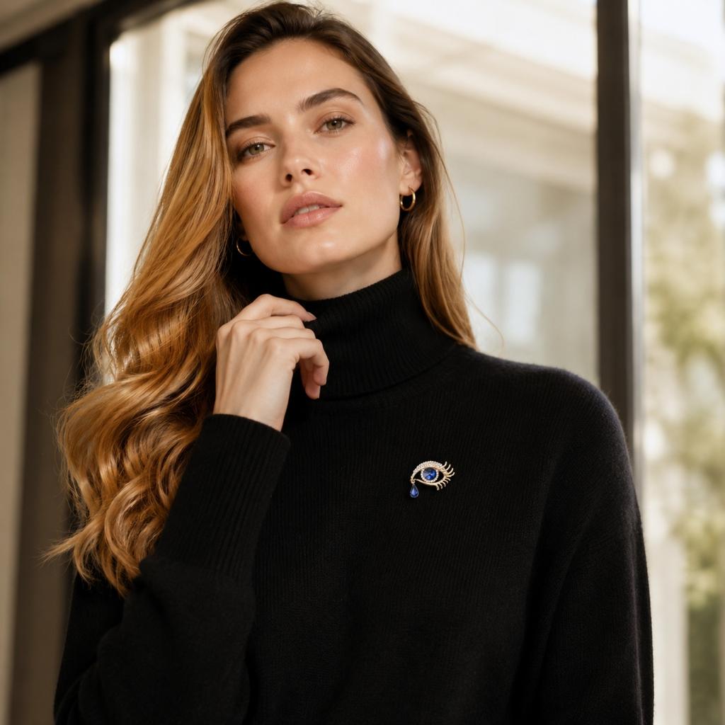 Luxury Crystal Eye Brooch Pin with Rhinestone Embellishments High-End Sweater Coat Accessory Elegant Tear Drop Design Fashion Jewelry