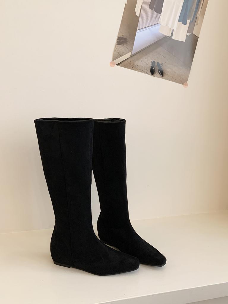 Inner Heightening Suede Square Head Boots for Women 2025 Autumn and Winter New Models But Knee High Boots Korean Version Sleeve Fashion Boots for Wo