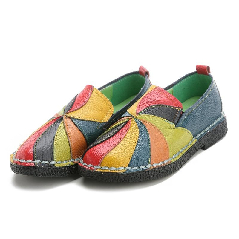 Spring new flat-soled women's shoes color matching leather women's single shoes casual large-size shoes