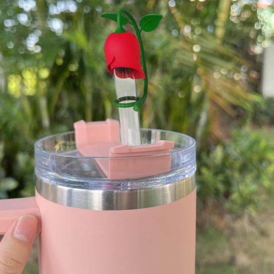 Rose Flower Straw Cover BPA Silicone Spill Reusable Dust-proof No Free 6-10MM Tumbler Straw