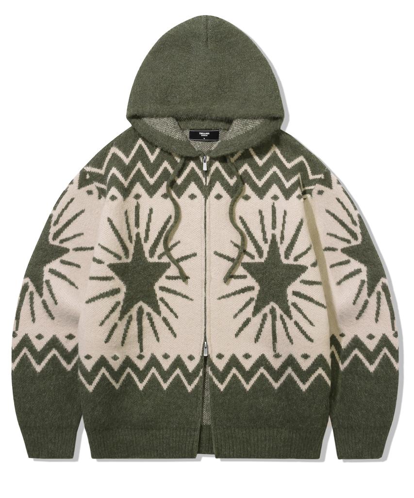 TRILLION Washable Wool Star Nordic Hooded Zip-Up Knit_Khaki