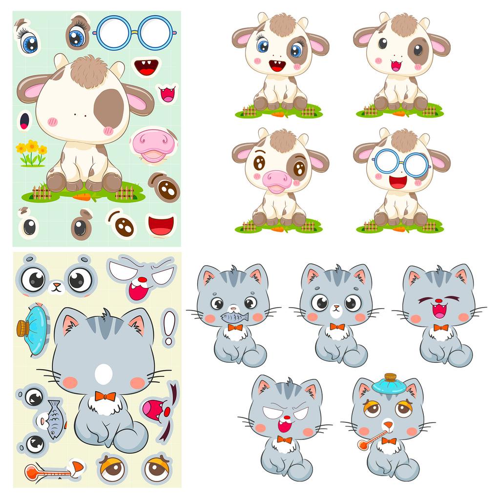 6 PCS/set Cartoon Animal Puzzle Face Changing Stickers Dinosaur Dog DIY Puzzle Early Childhood Education Educational Toys