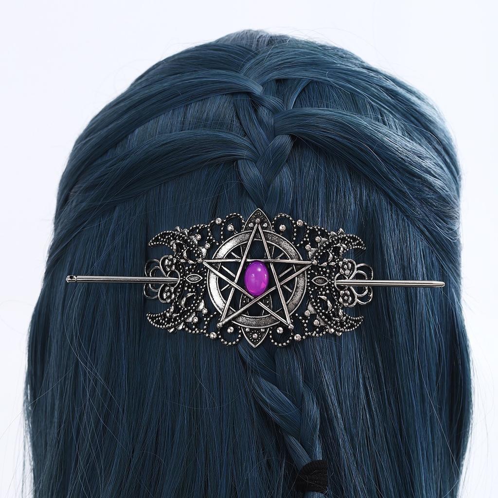 Gothic Style Pentagram Gemstone Hairpin Vintage Silver Decoration Hollowed Out Pattern Hairpin Dark Themed Boutique Headwear
