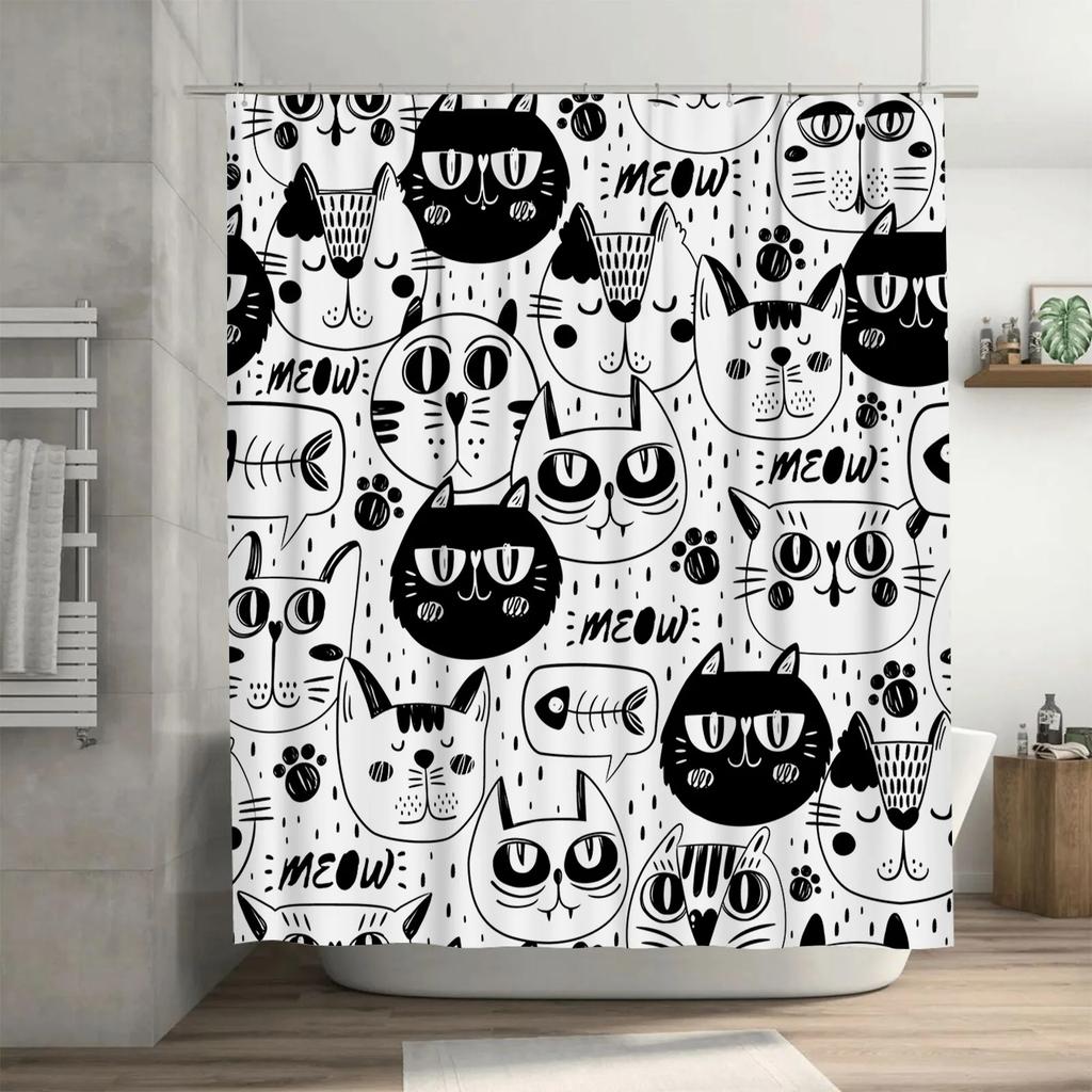 Black White Cat Shower Curtain Bathroom Decor for Kitten Lovers Modern Art Print Fabric Waterproof Shower Panel Liner