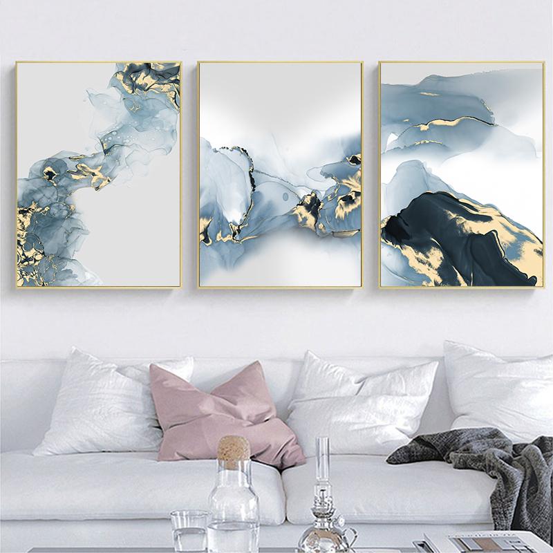 Abstract Marble Blue Golden Watercolor Ink Poster Nordic Modern Wall Art Canvas Painting Print Picture For Living Room Decor