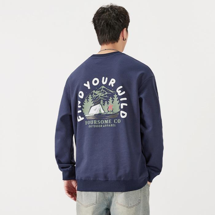 

Осенний американский тяжелый свитер с круглым вырезом, мужской свободный, большого размера, модный брендовый принт, молодежный топ, куртка с длинным рукавом, модный 3XL темно-синий