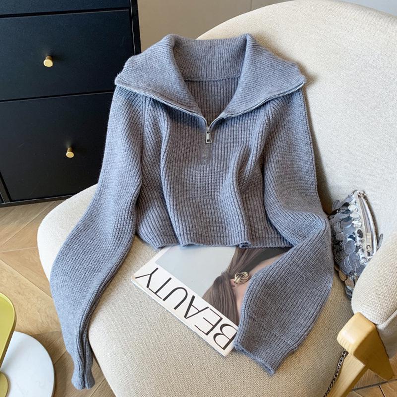 

Женский вязаный свитер на молнии до середины - Отложной воротник, длинный рукав, короткий стиль для весны и осени M for 47.5-52.5 kg