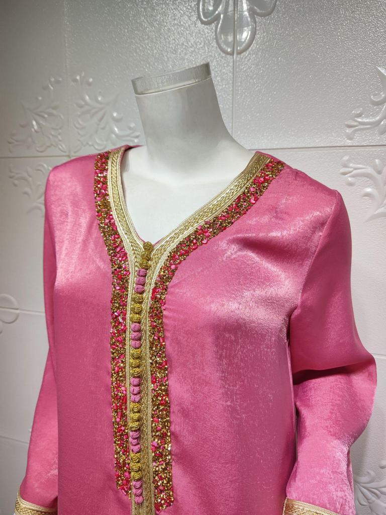 AB073 Women's Lace Abaya with Ribbon & Hot Drill Detail - Middle Eastern Fashion Robe