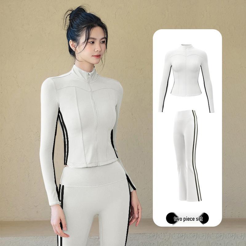 Flared Women's Yoga Pants and Sports Bra Set - Slimming, Striped, Tight-Fit for Running & Exercise