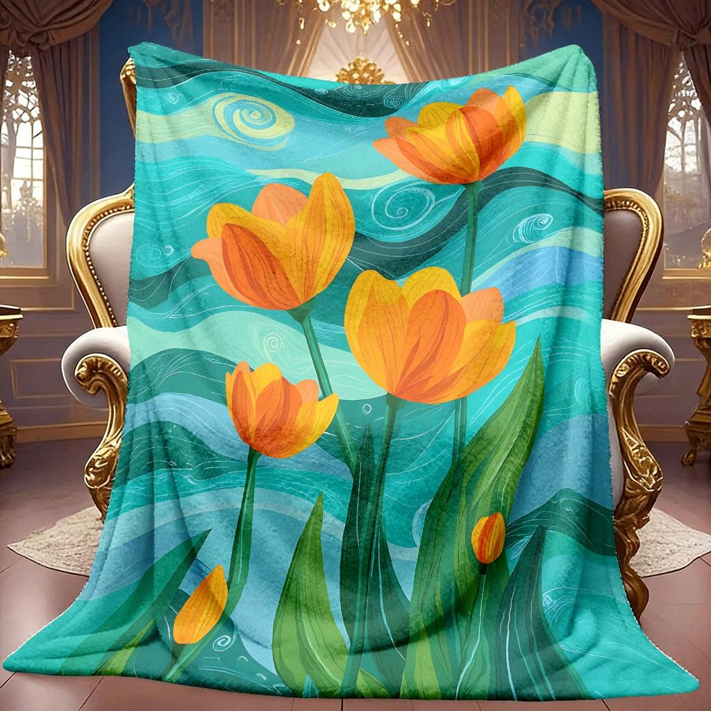 1pc 2D Orange Tulip And Blue-Green Wavy Background Theme Pattern Flannel Blanket, Soft HD Digital Print, Cooling Blanket All-Season Use! Soft And Brea
