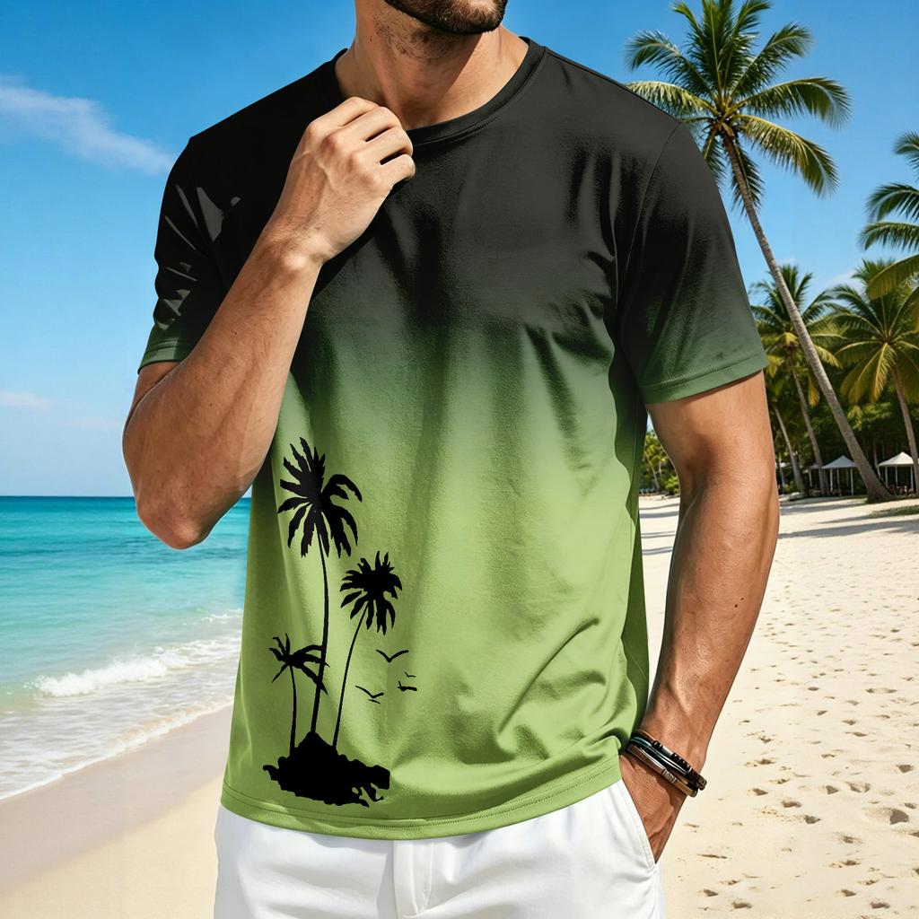 Men’s Summer Crew Neck Short Sleeve T Shirt with Hawaiian Print Casual Comfortable Fit Lightweight Top