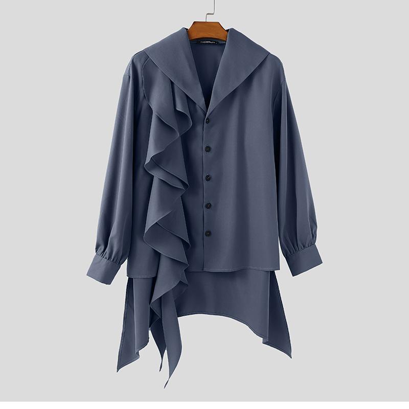 

INCERUN Мужские рубашки оверсайз с лацканами, длинными рукавами, оборками, пэчворком и неровным низом XL синий