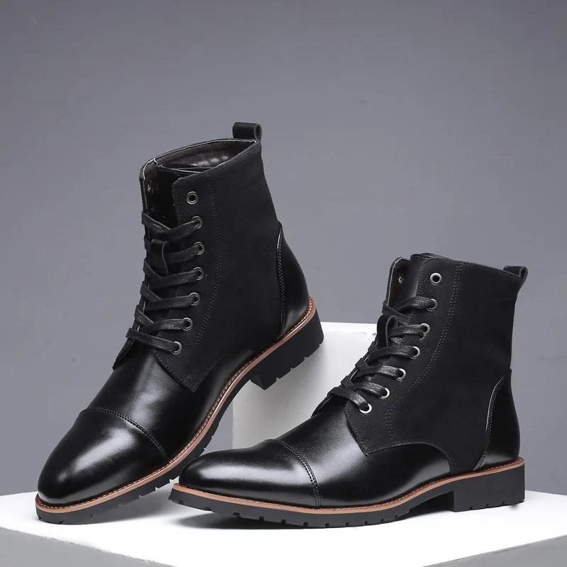 FashionNew Designer Fashion Casual Boots for Men Big Size Solid Color Lace Autumn Winter Ankle Boots Male Designer Leather Shoes Male