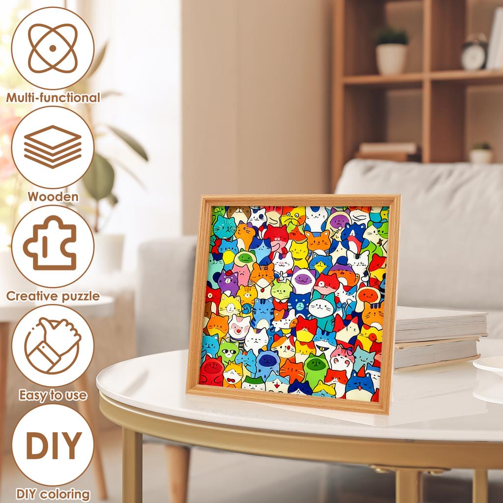 DIY Wooden Cat Puzzle Frame Hand-Painted Cat Coloring Puzzle Art Frame Creative Craft Gift Kid Educational Toys Home Decoration