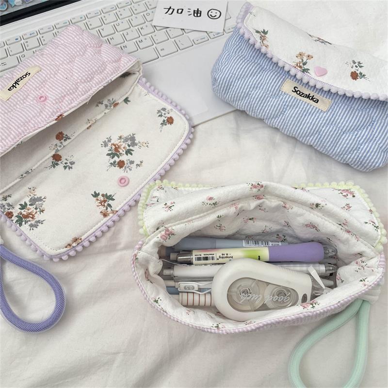 Sweet Floral Pencil Case With Lanyard Handbag Girly Cosmetic Bag Large Capacity Portable Storage Bag Student Stationery Bag Gift