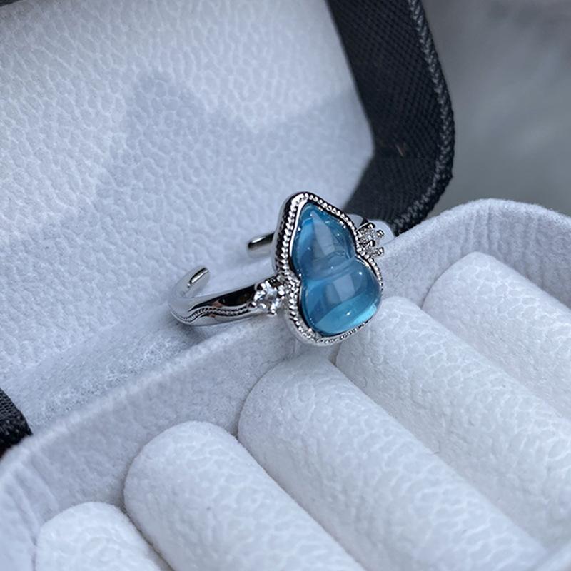 Sea Blue Gourd With Diamonds, Lace Open Ring, Niche Personality, Light Luxury, High-End Ring, Female.
