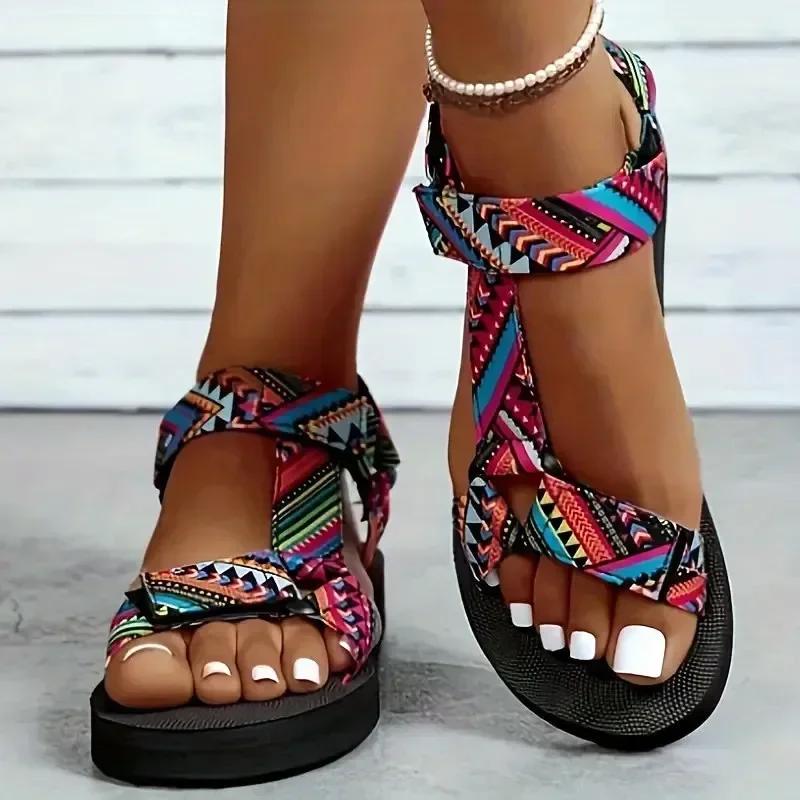 Summer Lightweight Non-slip Beach Sandals Cross Tied Patchwork Flat Sandals Women Outdoor Casual 36-43 Plus Size Women Sandals