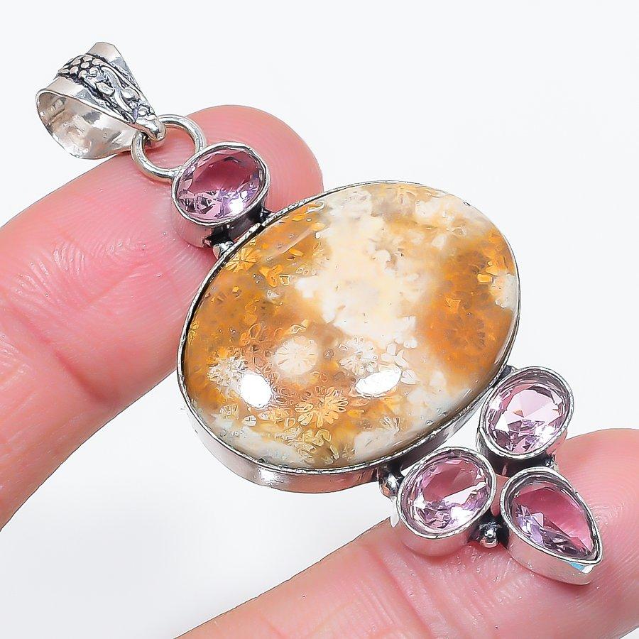 Natural Fossil Coral, Kunzite 925 Sterling Silver Jewelry Pendant 2.48" k0l81