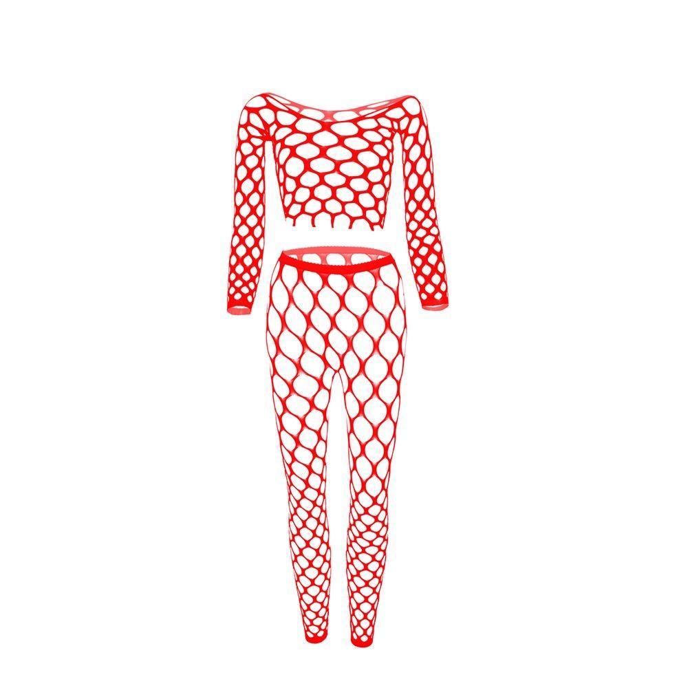 Σετ δύο τεμαχίων μακρυμάνικα μπλουζάκια και δικτυωτό παντελόνι Γυναικείο σέξι κοίλο ανοιχτό δίχτυ Εσώρουχα Plus Size Διάφανα εσώρουχα Σέξι