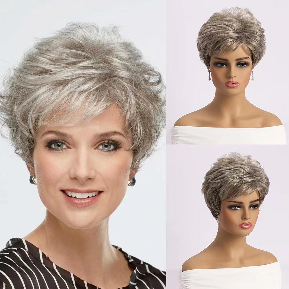 Parrucche Pixie Cut Sintetiche Corte Ombré Grigio Parrucca Pixie Cut con Frangia Parrucca Scalata Parrucche Ondulate per Donne