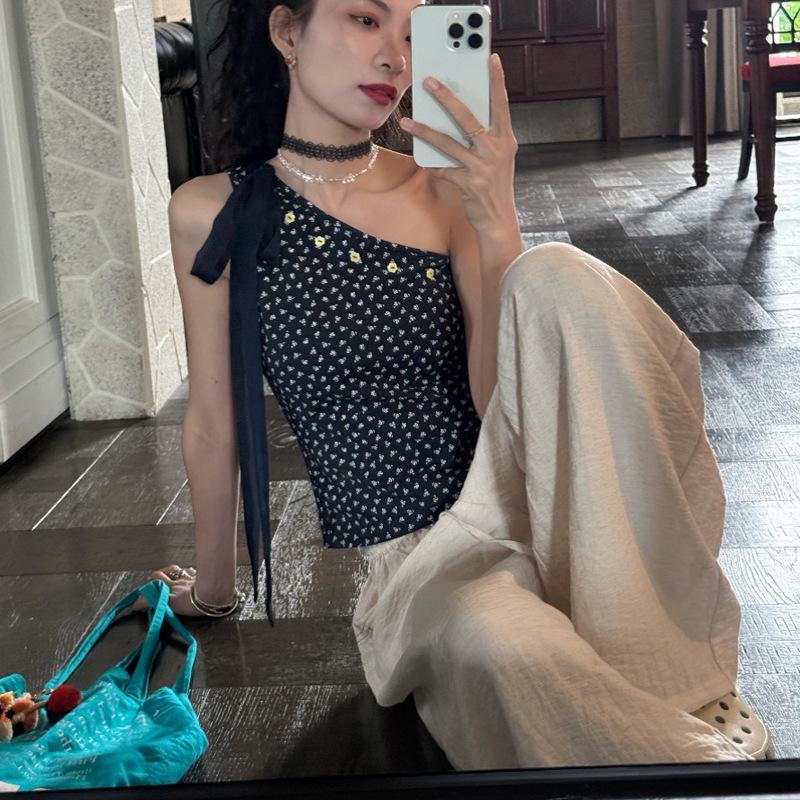 Floral Off-Shoulder Camisole Vest with Hanging Neck Scarf - Women's Slimming Spring/Summer Top