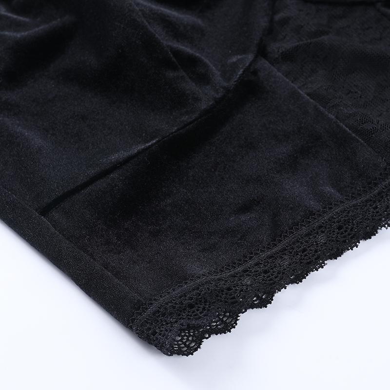 Gothic Vintage Ausgeschnittenes Samt T-Shirt Langarm zum Schnüren Crop Tops