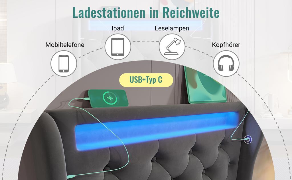 Upholstered Bed Single 90x200cm, with LED Lights, Storage Headboard with USB and Type-C Ports, Hydraulic Storage, Gray, Velvet (Without Mattress)